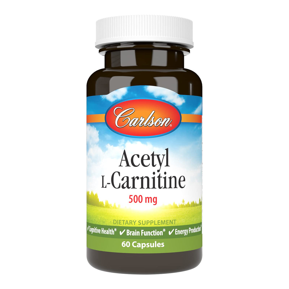 Carlson Acetil L-Carnitina 500 mg, cápsulas en botella, apoyo diario.