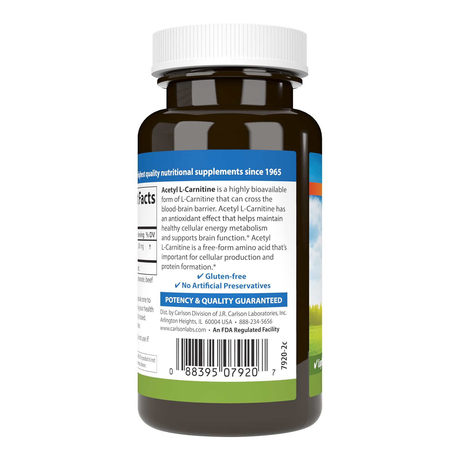 Cápsulas Carlson Acetil L-Carnitina 500 mg para consumo diario.
