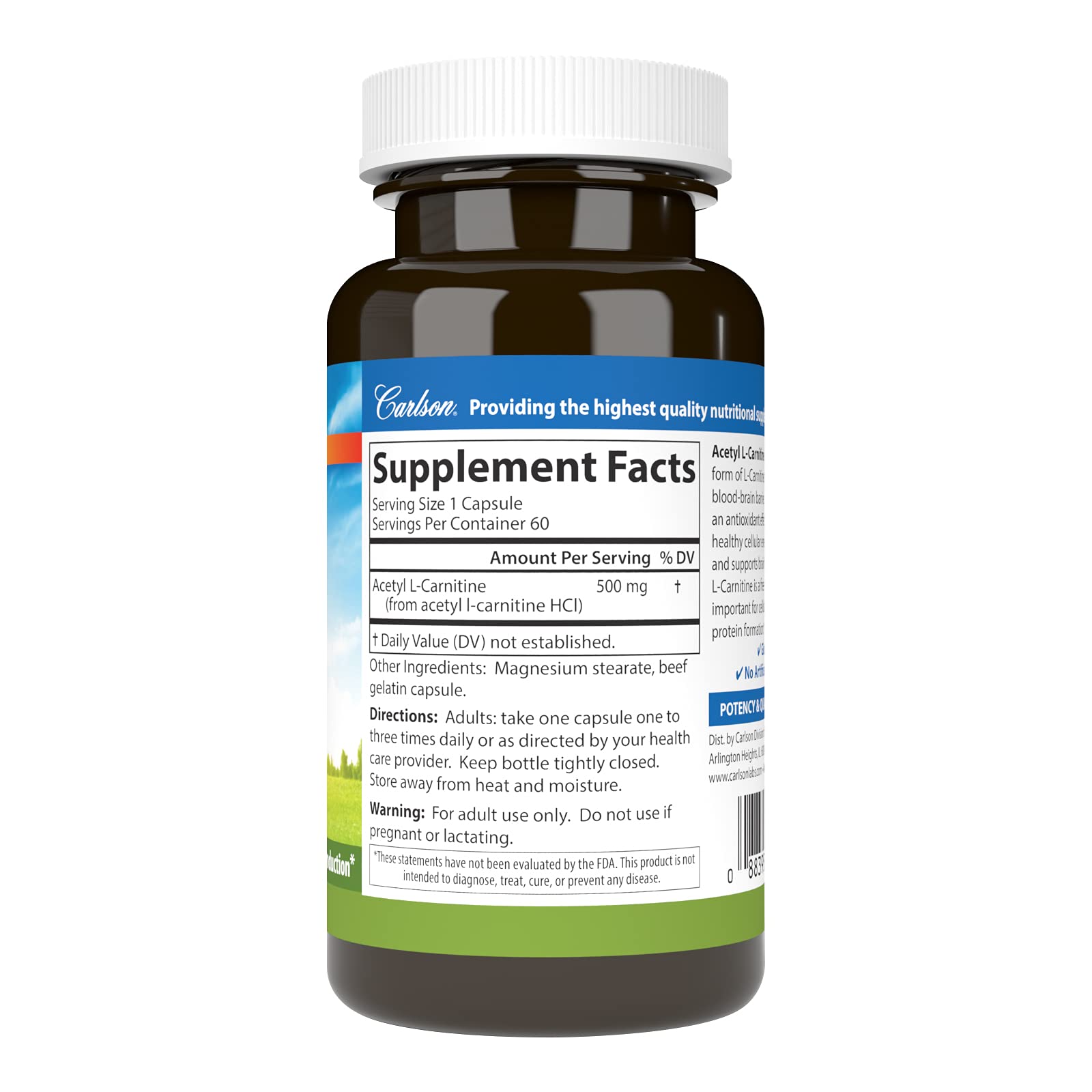 Carlson Acetil L-Carnitina 500 mg, etiqueta frontal informa dosis.