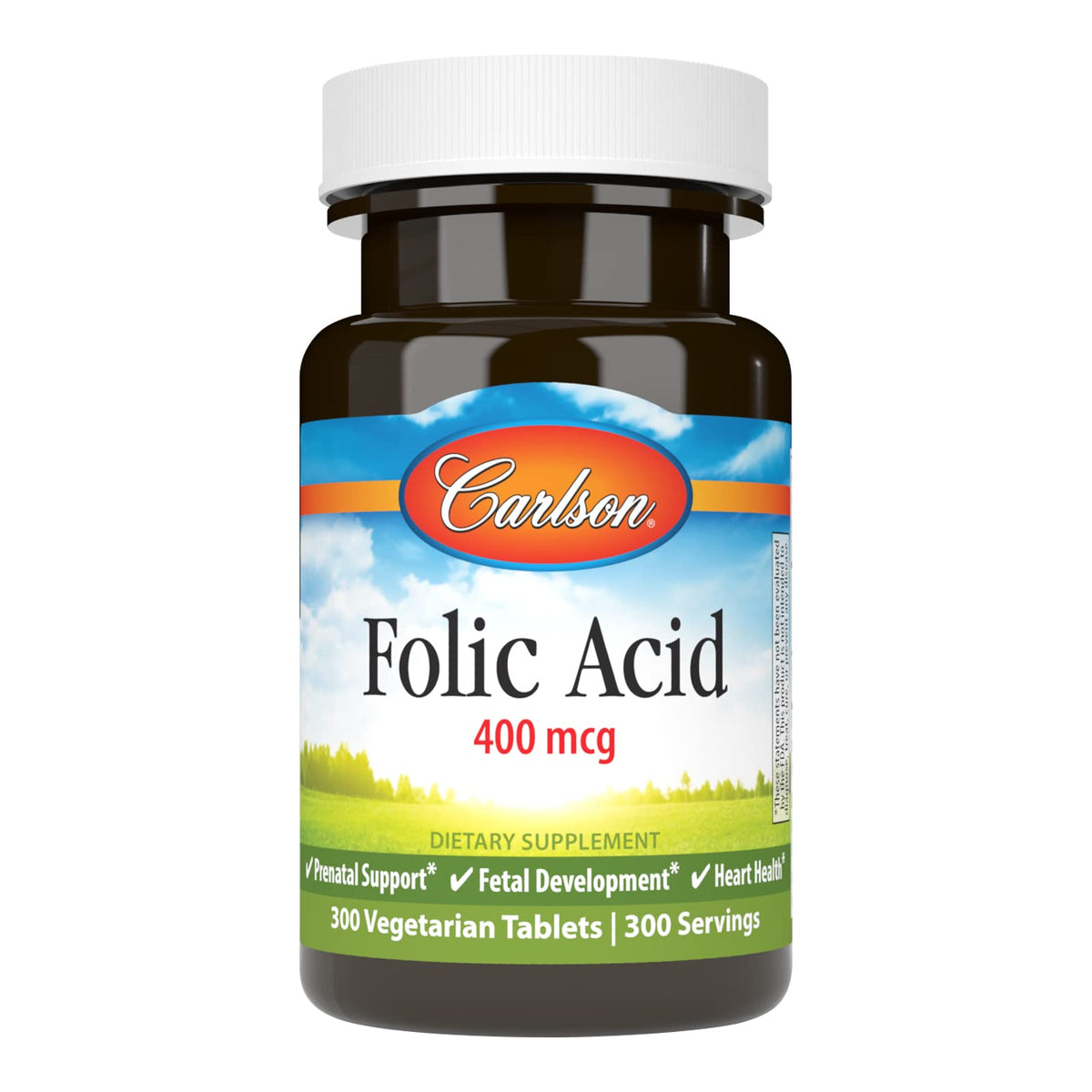 Carlson ácido fólico 400 mcg, botella visible, posible apoyo prenatal diario
