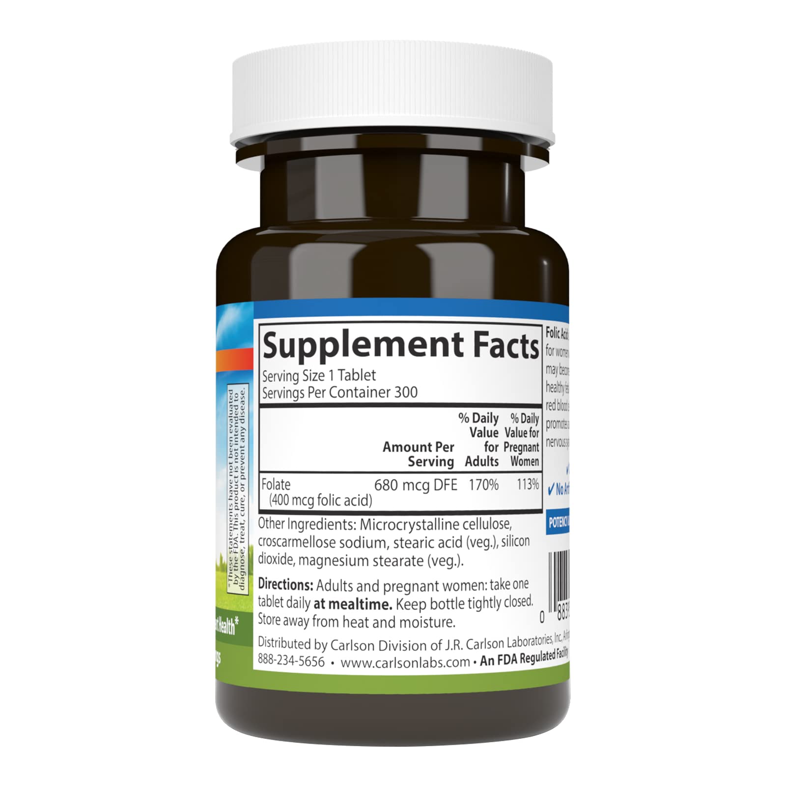 Carlson ácido fólico 400 mcg, etiqueta frontal, puede apoyar producción celular saludable