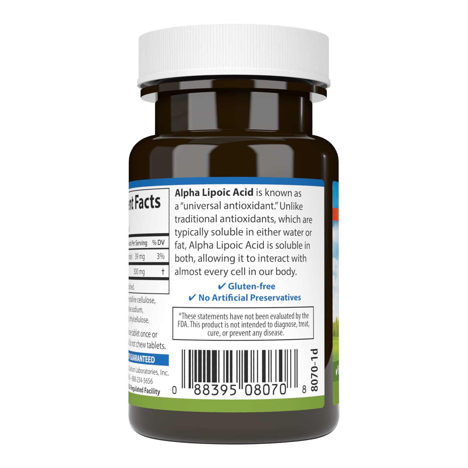 Carlson alfa-lipoico 300 mg: etiqueta frontal limpia que inspira confianza en la calidad.