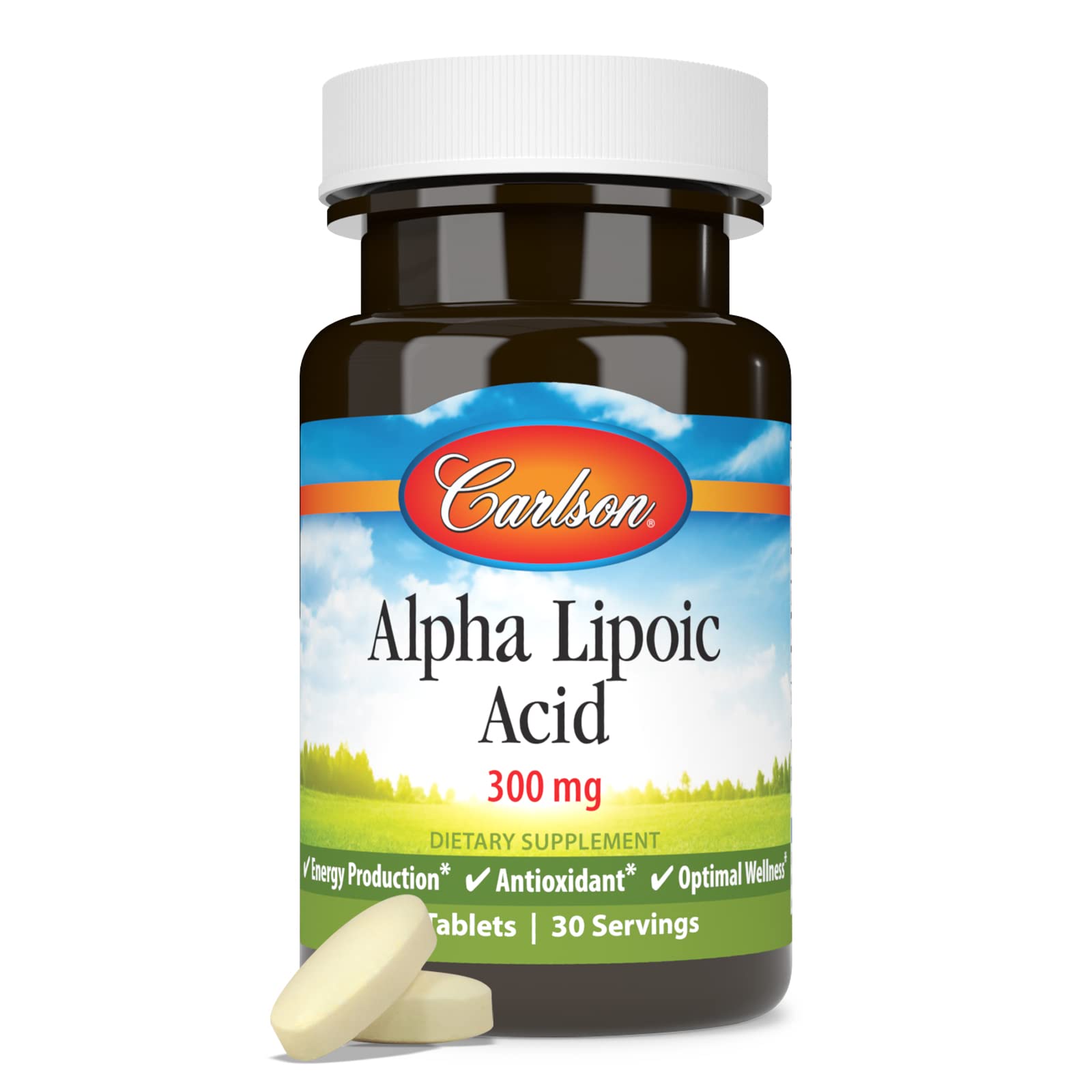 Carlson alfa-lipoico 300 mg: persona tomando una tableta para energía diaria.