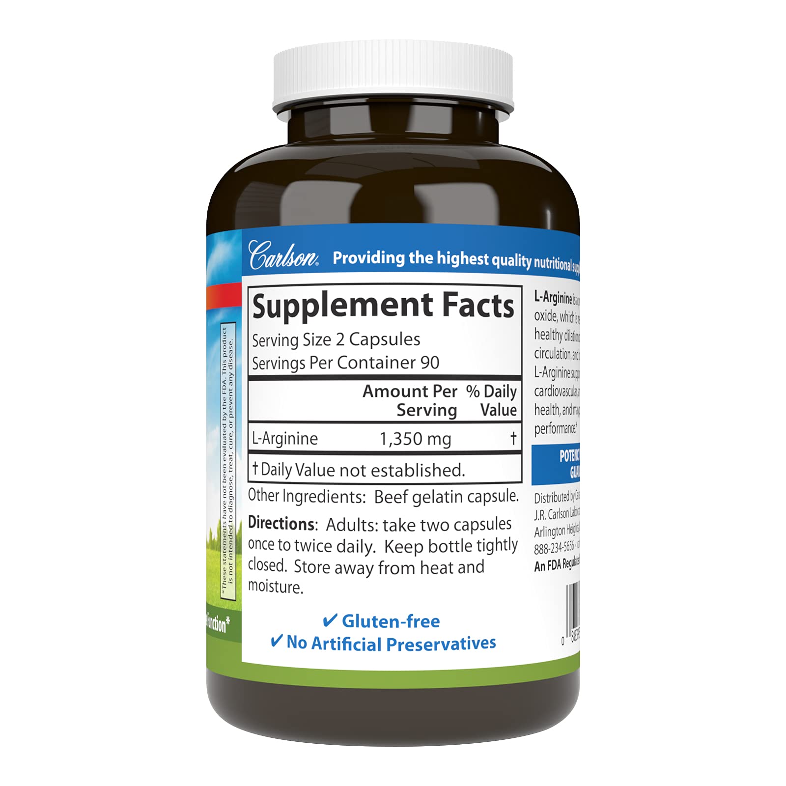 Carlson L-Arginina 675 mg: etiqueta frontal legible para verificar la dosis diaria.