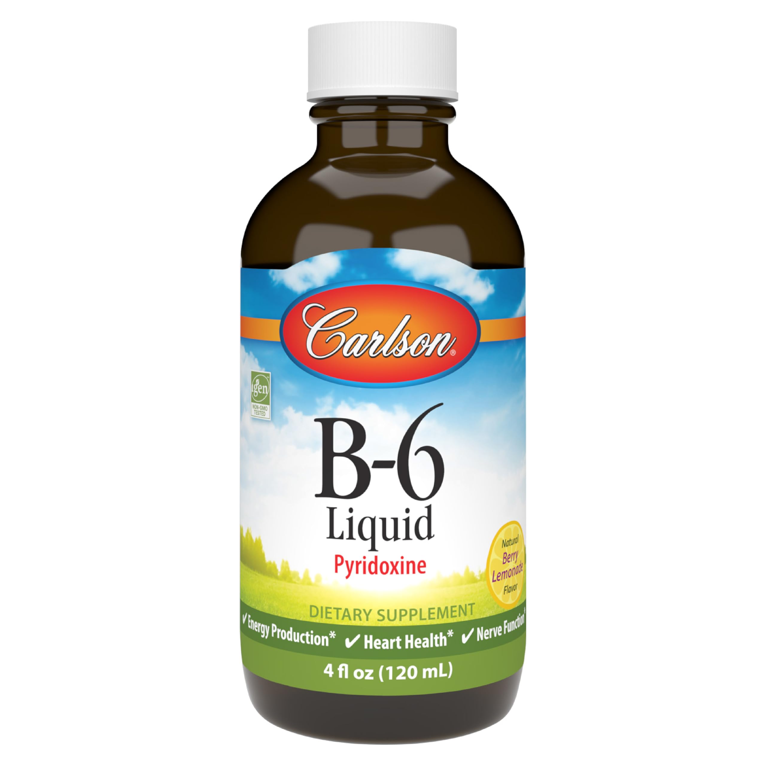 Carlson B-6 líquido frasco frente muestra la botella y su etiqueta clara para energía