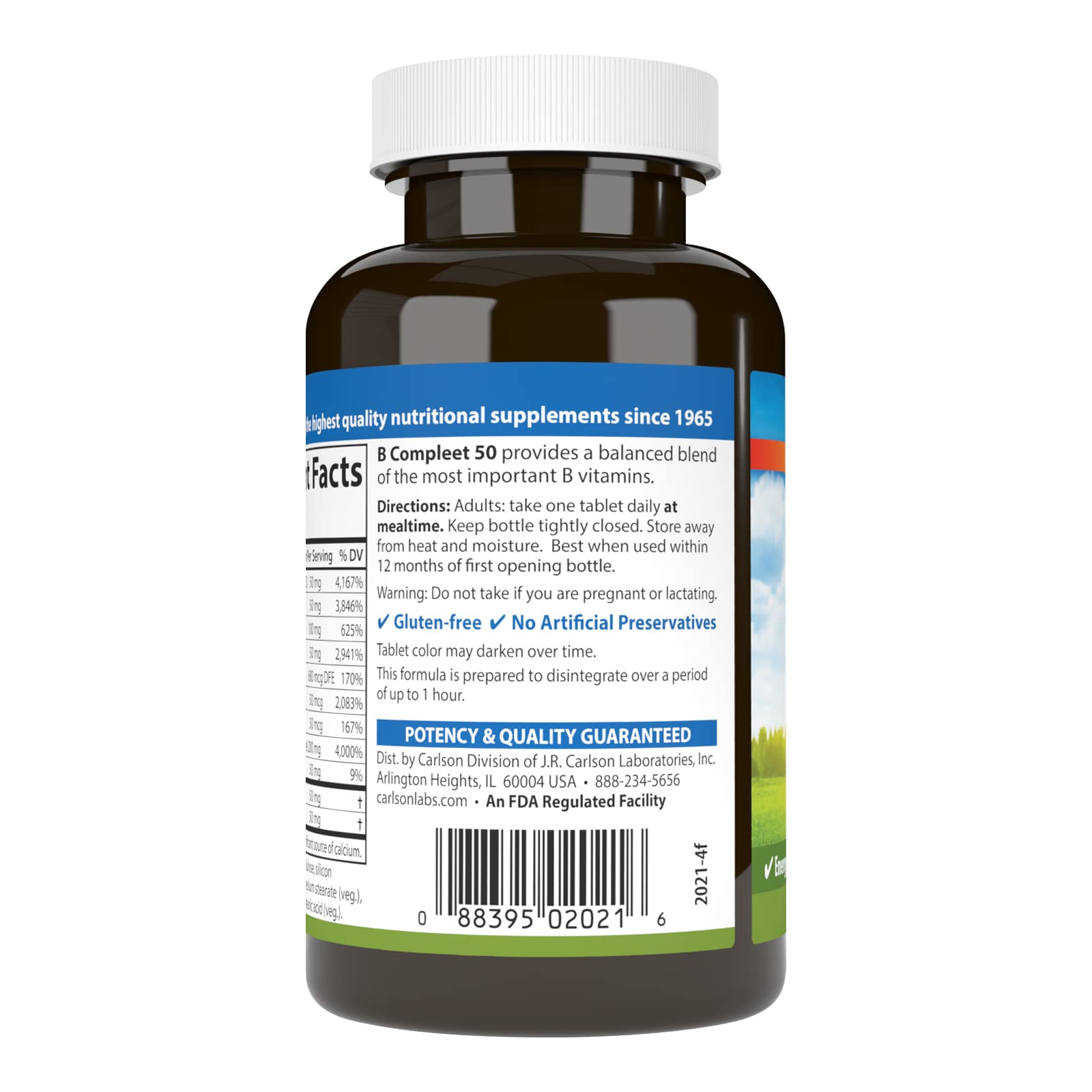 Carlson B Compleet 50: etiqueta legible, mezcla equilibrada de vitaminas B.