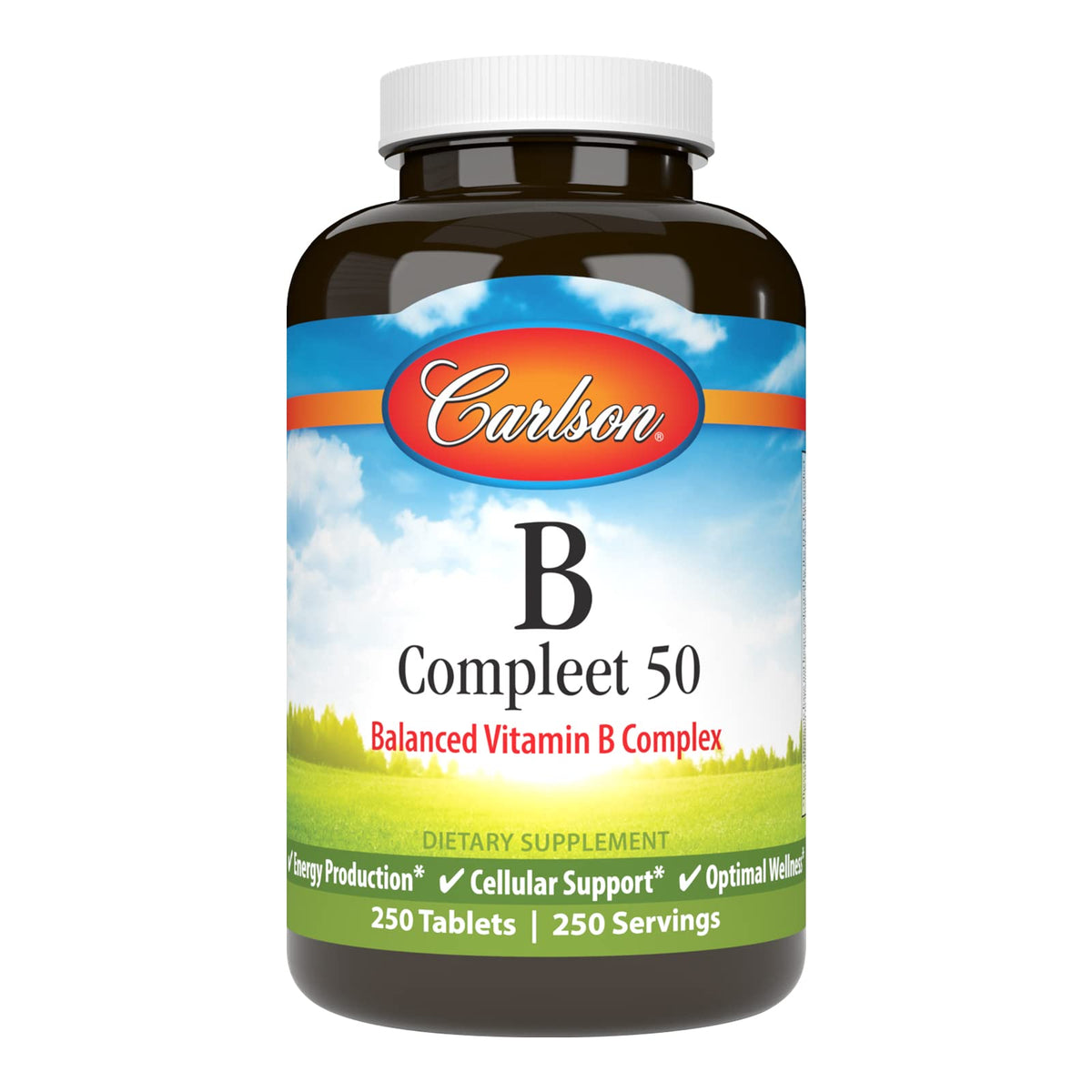 Frasco de Carlson B Compleet 50 con tabletas para energía diaria
