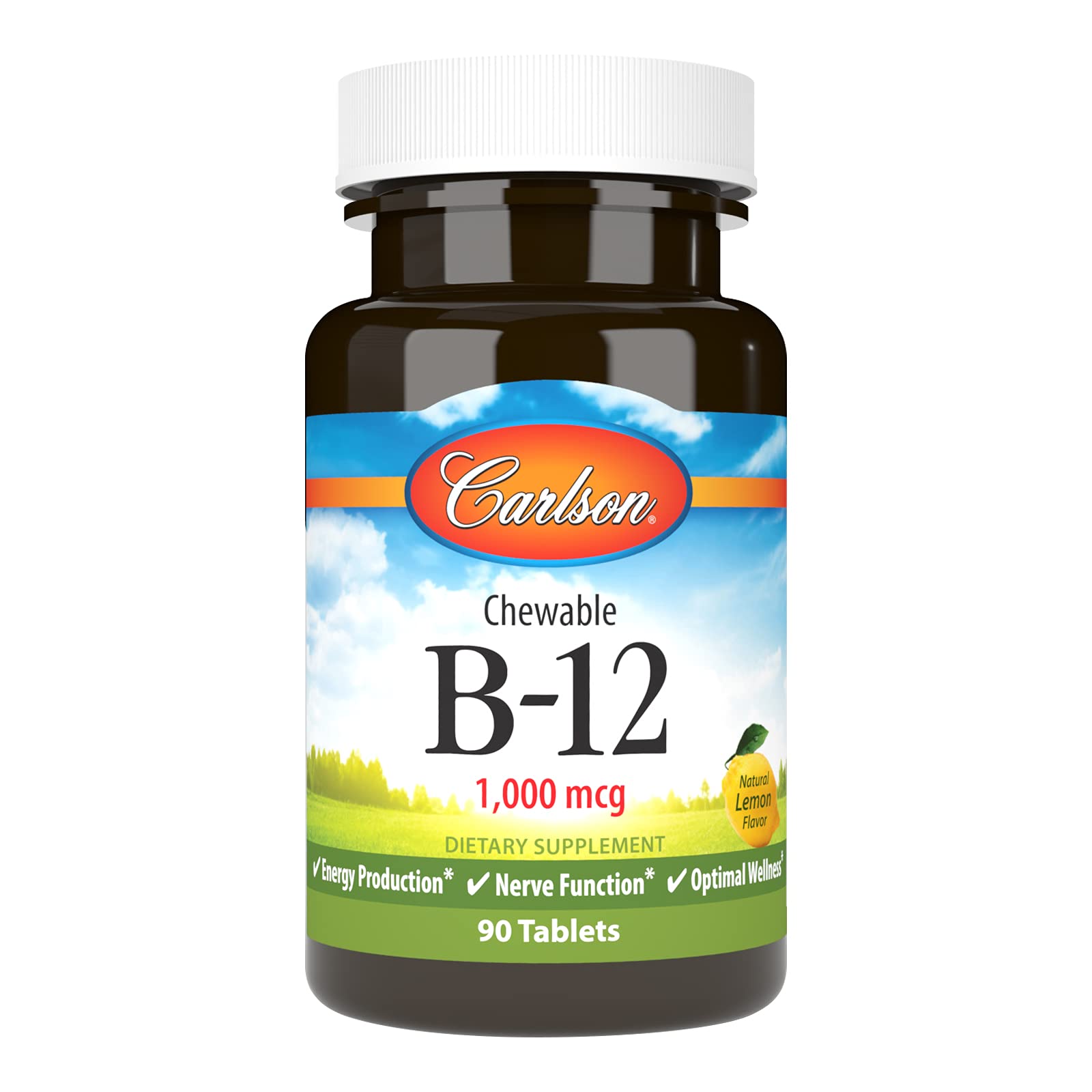 Carlson B-12 masticable limón, tableta frontal para energía diaria