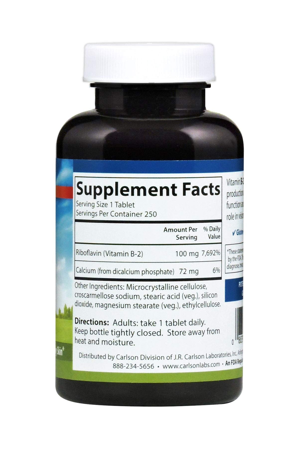 Carlson B-2 Riboflavina: etiqueta que destaca piel saludable y visión.