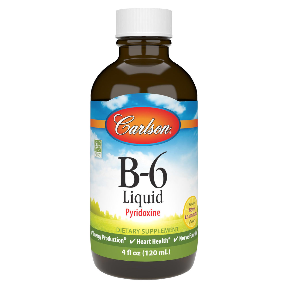 Carlson B-6 líquido, bote 4oz, etiqueta visible para dosis diaria.