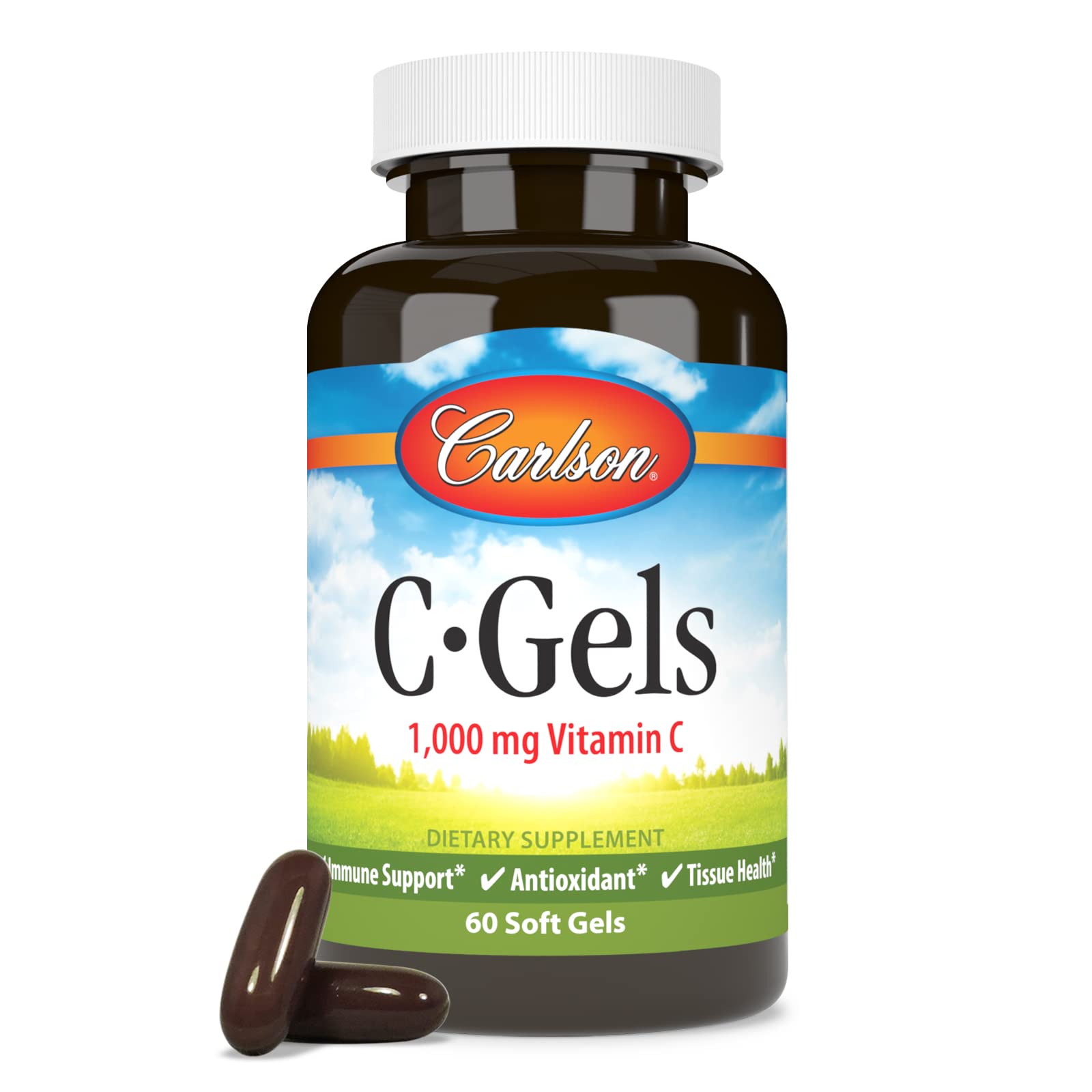 Envase de Carlson C-Gel en primer plano, subrayando calidad y pureza de la vitamina C.