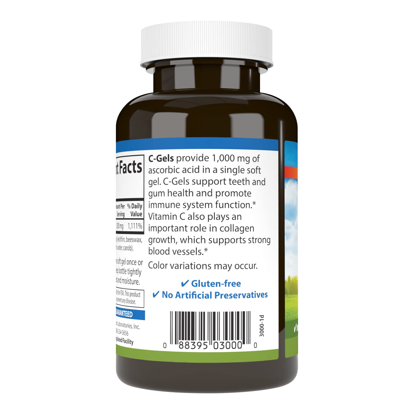 Etiqueta de Carlson C-Gel mostrando vitamina C concentrada, ideal para apoyo antioxidante diario.