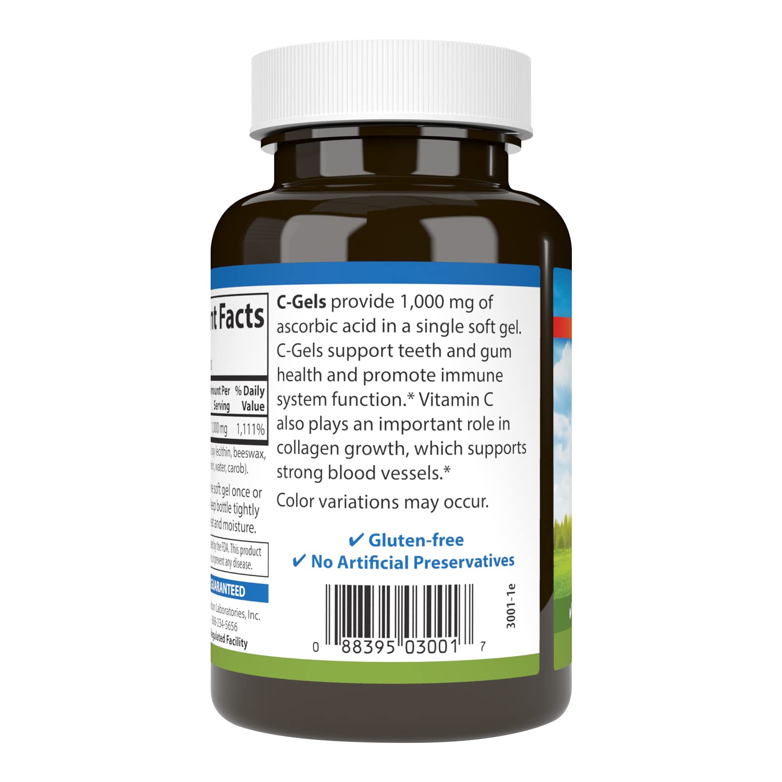 Etiqueta clara de Carlson C-Gels en frasco para vitamina C diaria
