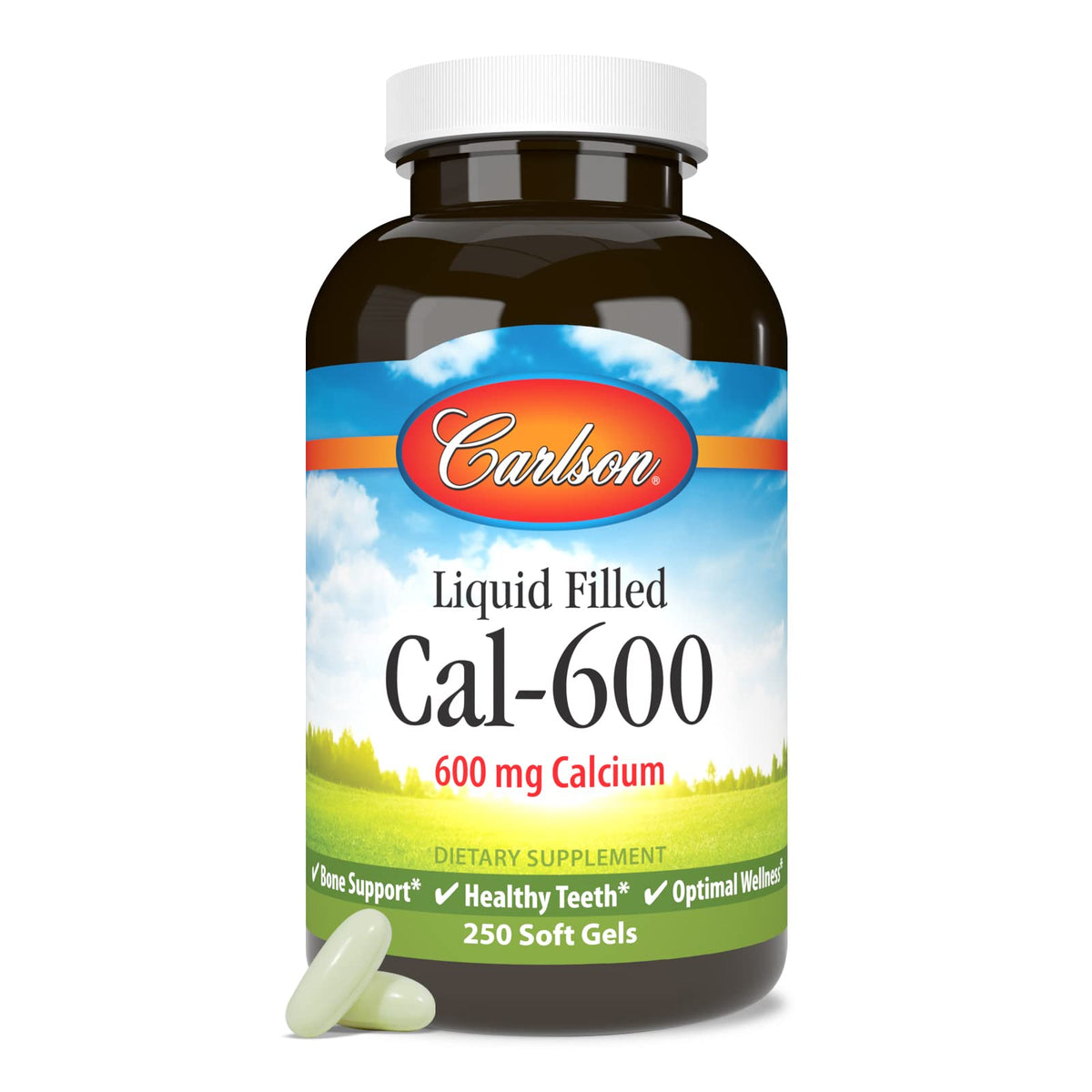 Carlson Cal-600, botella de calcio, soporte para huesos fuertes y dientes sanos.