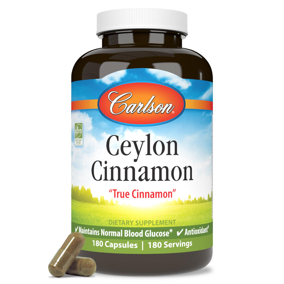 Carlson Canela Ceilán 500 mg en botella, cápsulas fáciles de tragar para la rutina diaria.