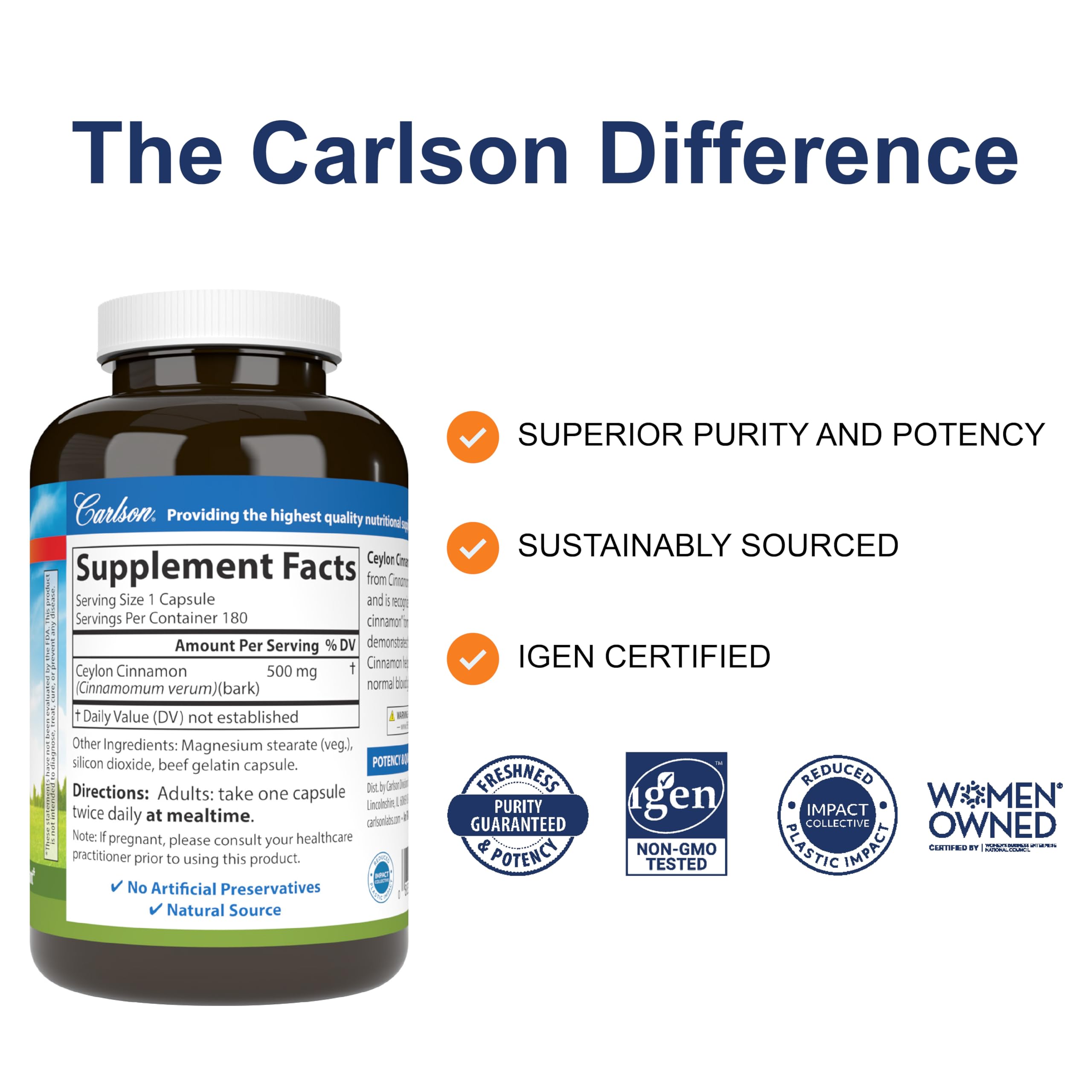 Carlson Canela Ceilán 500 mg, etiqueta frontal que confirma calidad y origen.