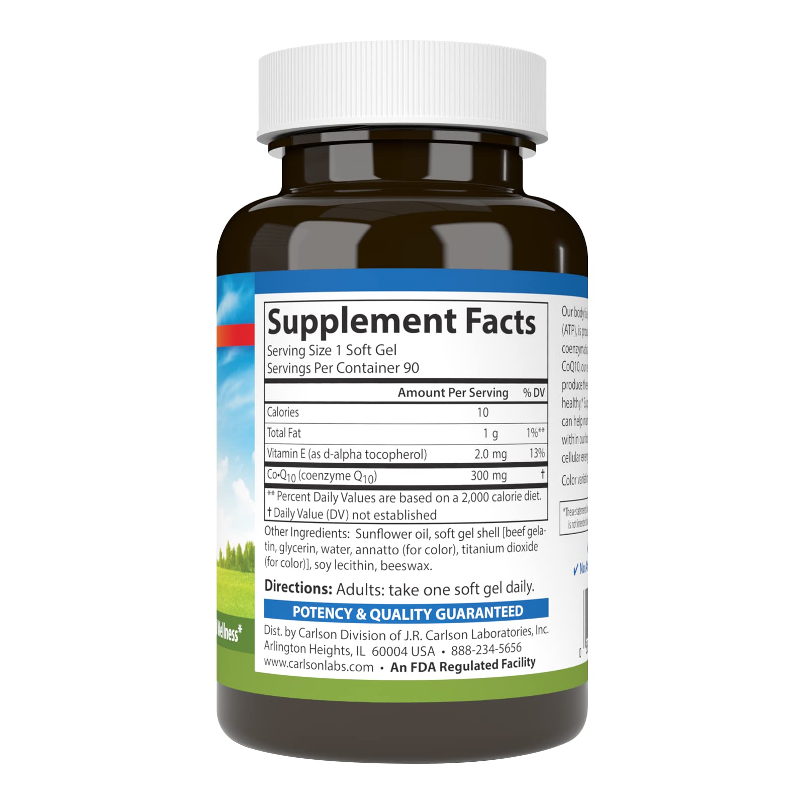 Carlson CoQ10 300 mg, etiqueta frontal, información de uso y beneficios