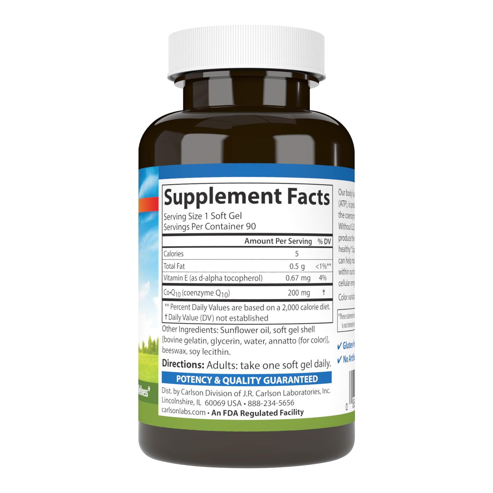 Etiqueta de Carlson CoQ10 destacando 200 mg de CoQ10 natural.