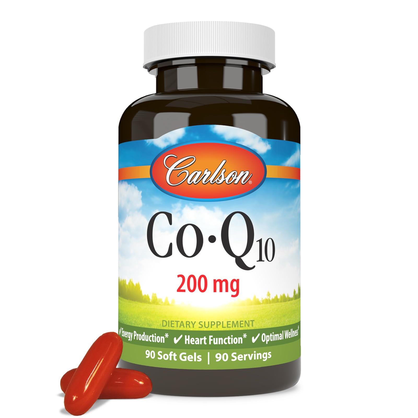Mano sosteniendo una cápsula de Carlson CoQ10 para consumo.