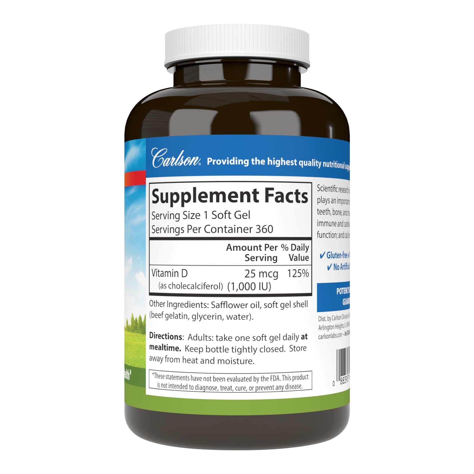 Carlson D3 1000 IU, etiqueta frontal destaca vitamina D3.