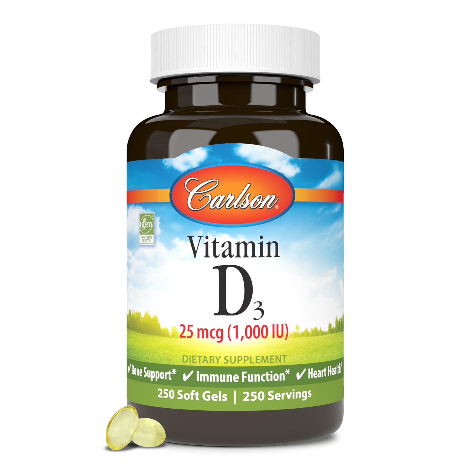 Carlson D3 capsulas gel suaves en botella, apoyo a la salud ósea diaria.