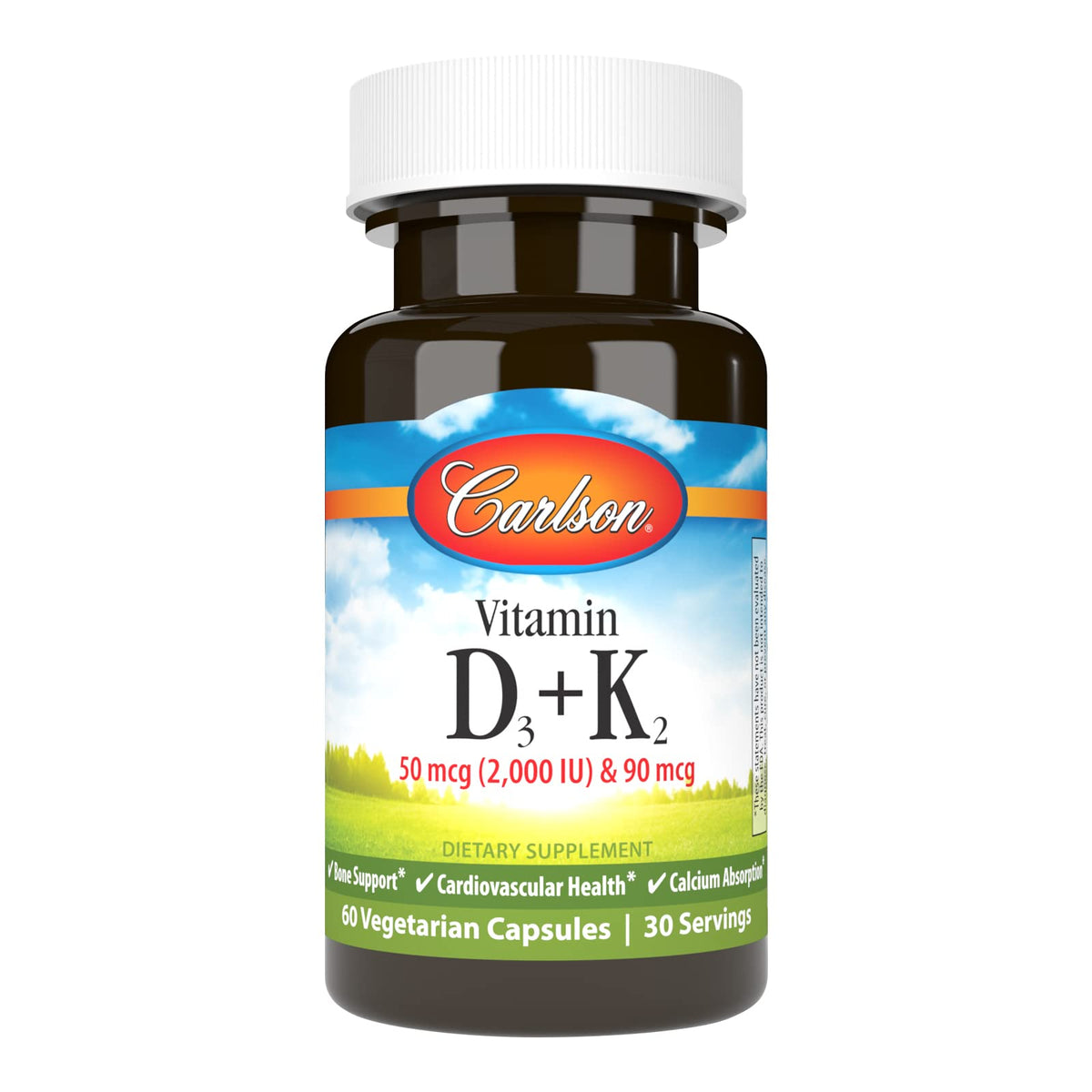 Carlson D3K2 botella con 60 cápsulas para soporte óseo diario.