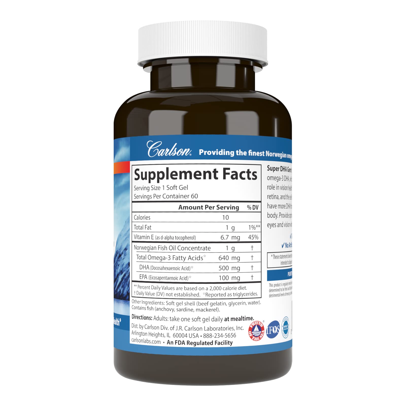 Cápsula Carlson DHA 500 mg, fácil de incorporar en la rutina diaria.