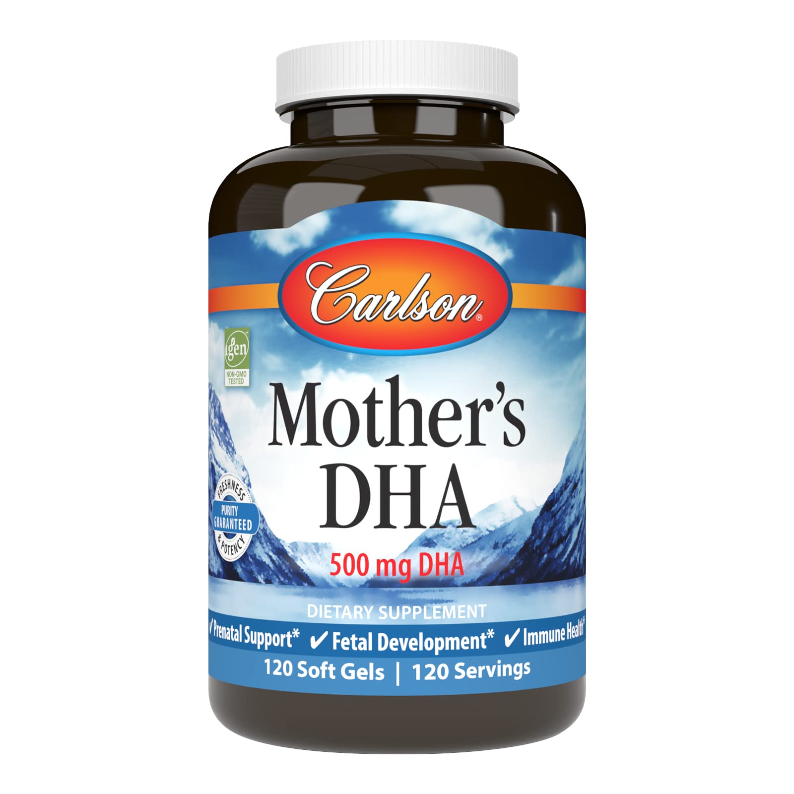 Carlson DHA materno, botella frontal, apoyo prenatal para madre.