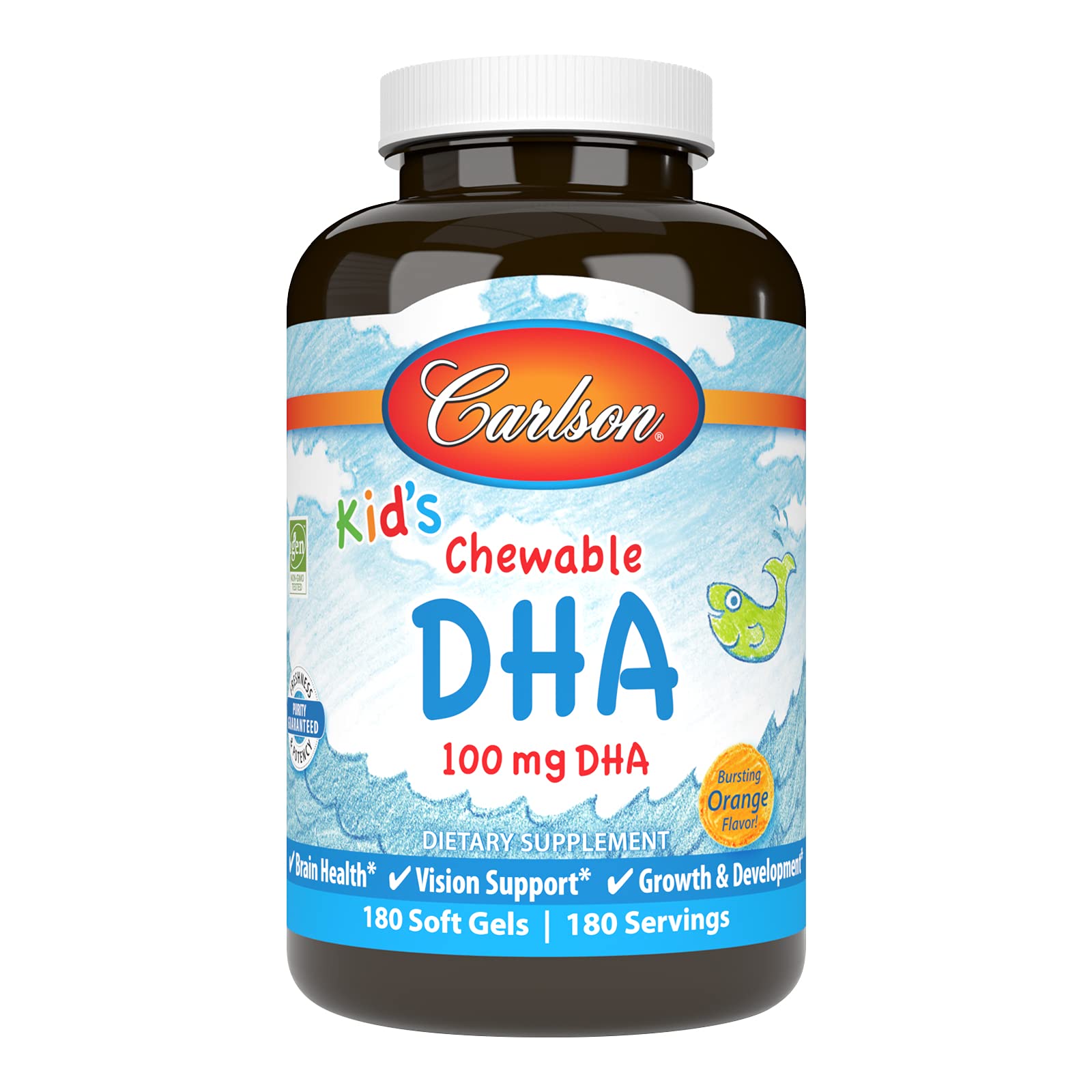 Carlson DHA para niños, frasco naranja, sabor natural, apoyo al desarrollo.
