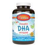 Carlson DHA para niños, frasco naranja, sabor natural, apoyo al desarrollo.