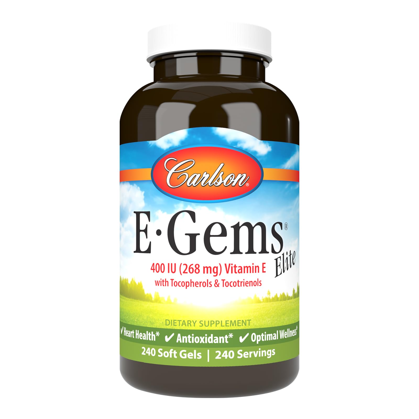 Carlson E-Gems Elite, botella de cápsulas para bienestar diario.