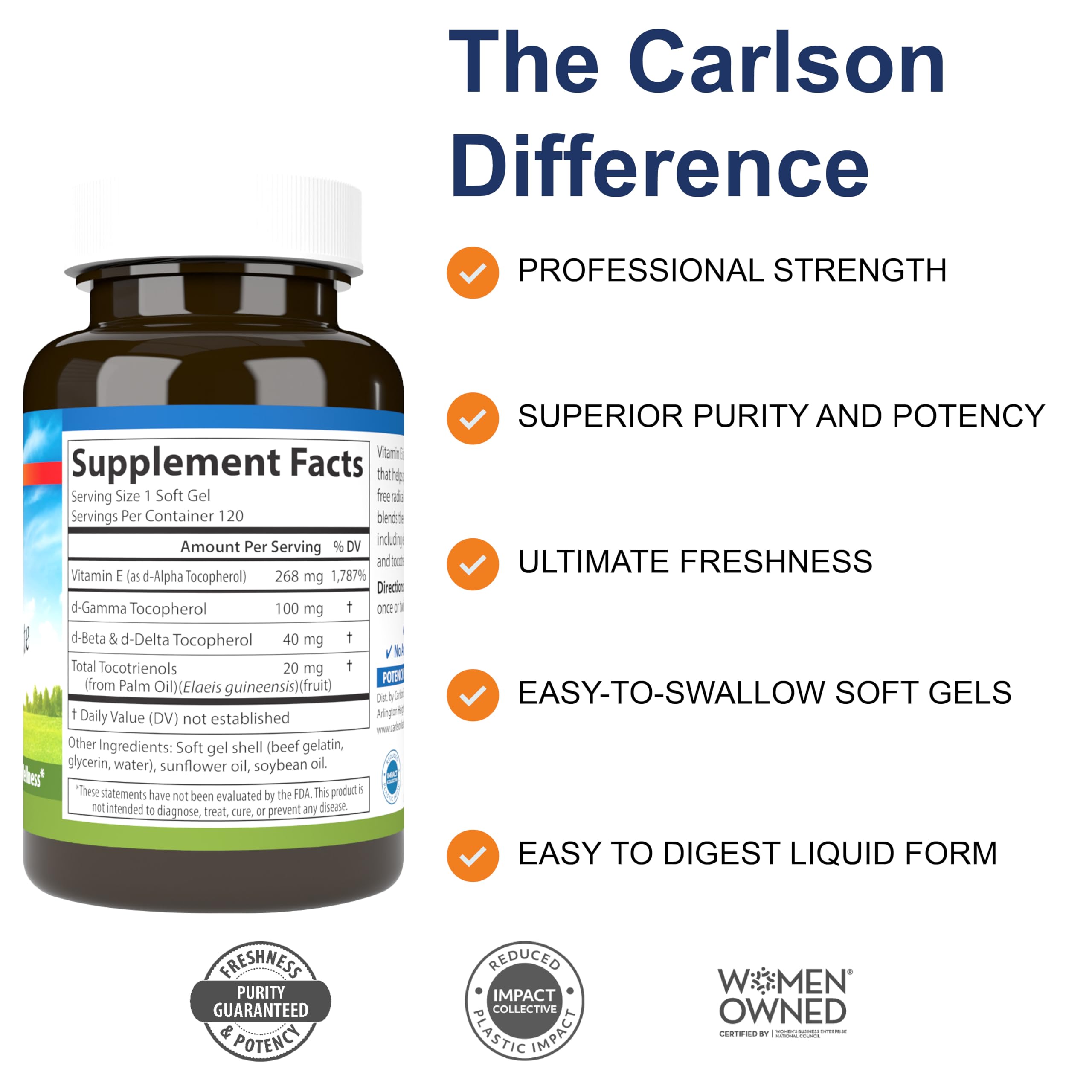 Carlson E-Gems Elite etiqueta detallada, fórmula de ocho formas de vitamina E.