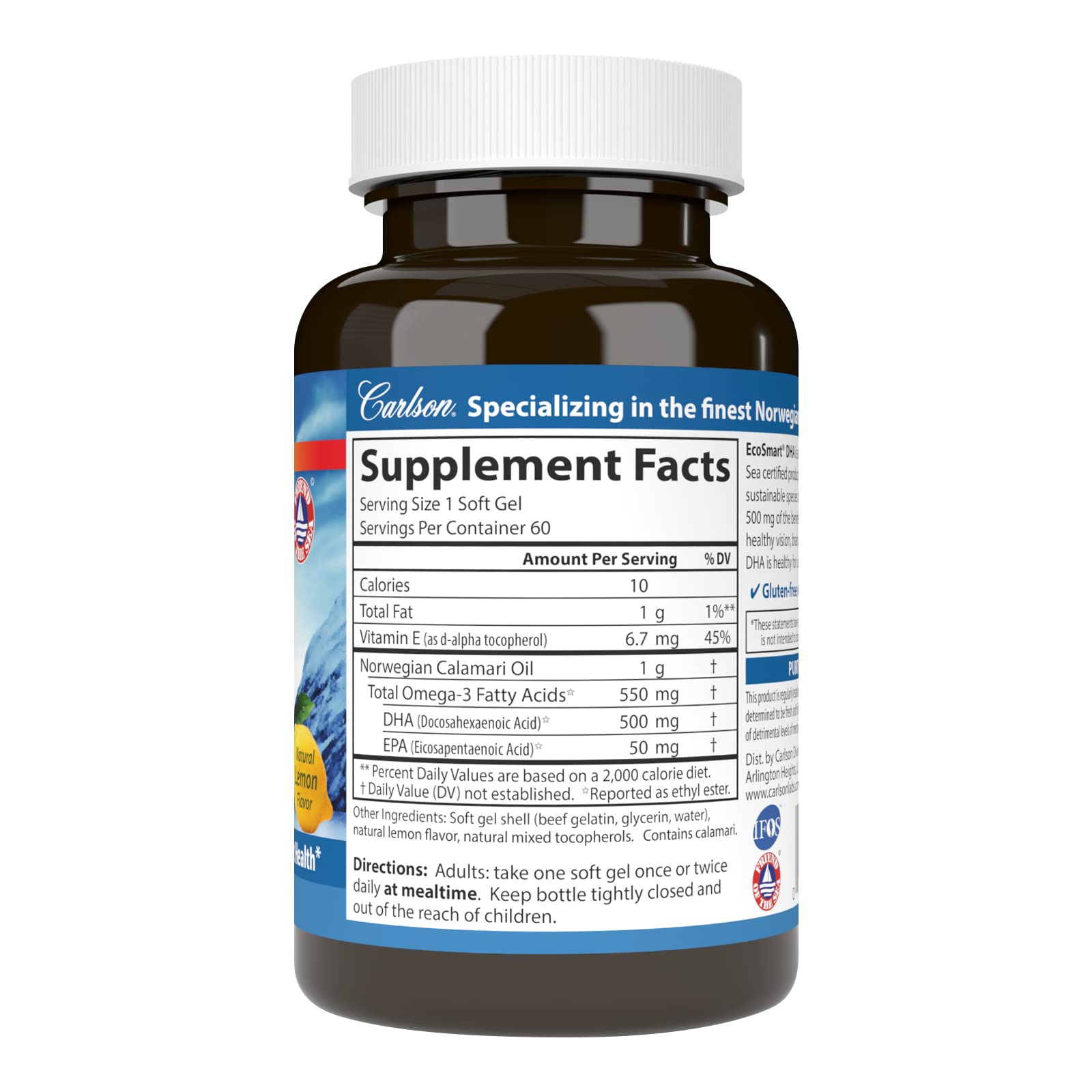 Carlson EcoSmart DHA 500, etiqueta con certificaciones sostenibles