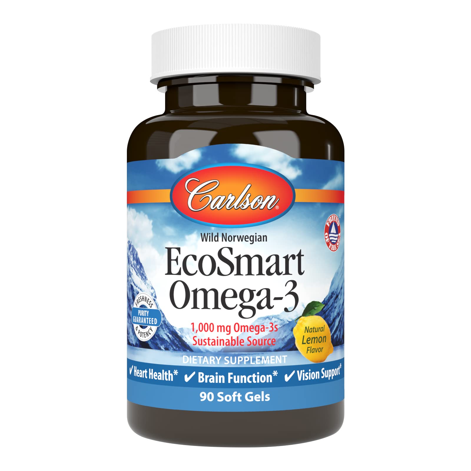 Carlson EcoSmart Omega-3, botella limón, posible apoyo a la salud cardíaca.