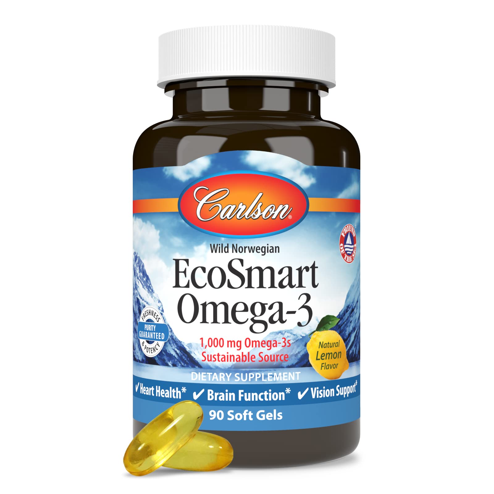 Carlson EcoSmart Omega-3, caja de presentación, fácil de almacenar.