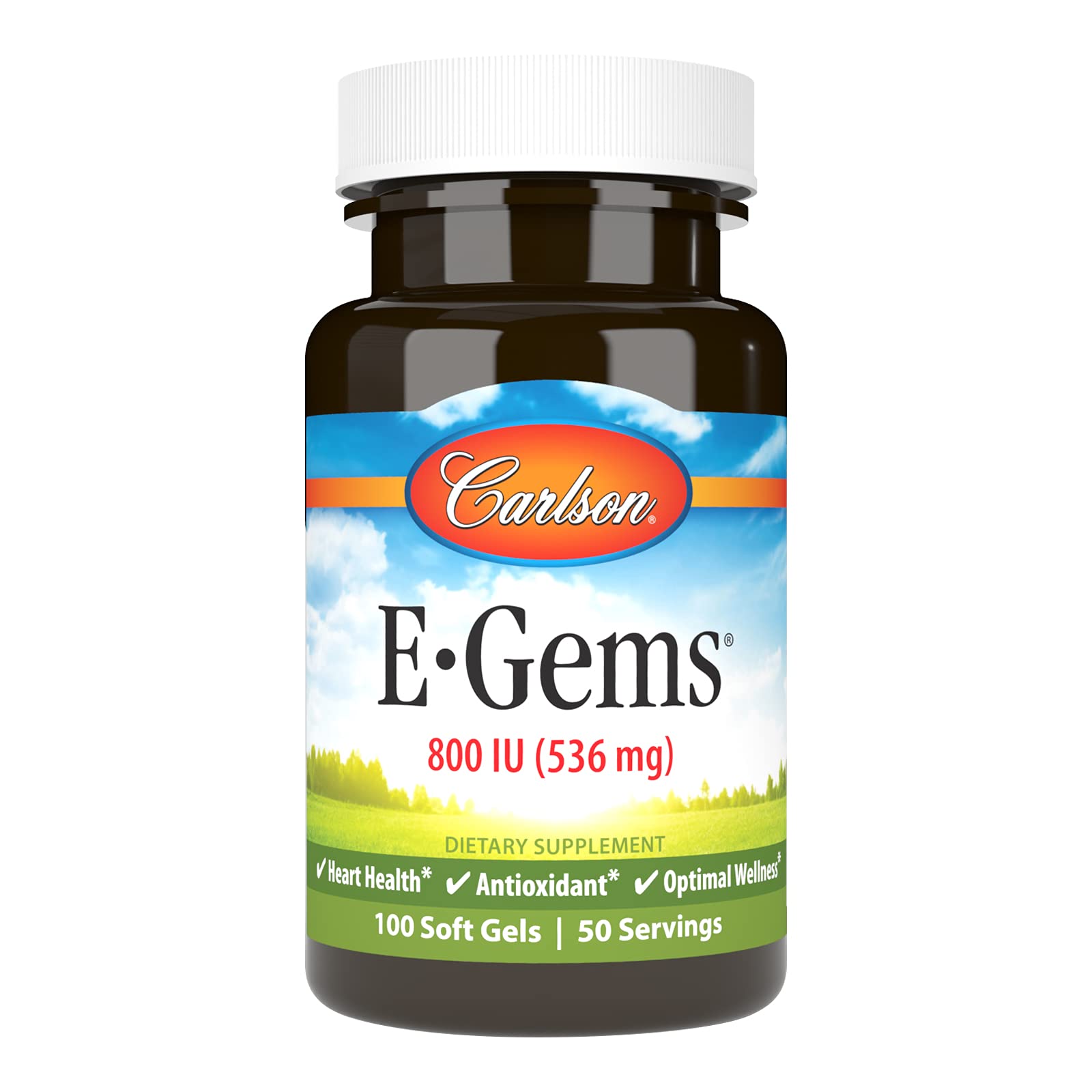 Carlson E-Gems 800 IU, frasco de cápsulas blandas, fácil de consumir.