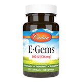 Carlson E-Gems 800 IU, frasco de cápsulas blandas, fácil de consumir.