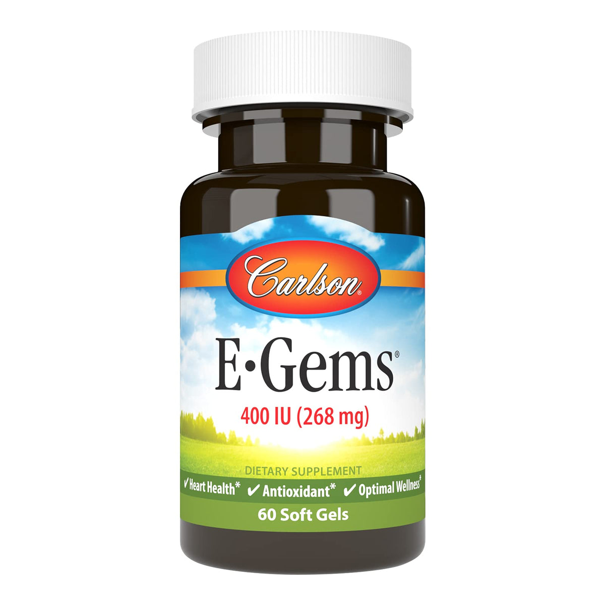 Carlson E-Gems cápsulas blandas en botella, uso diario recomendado.