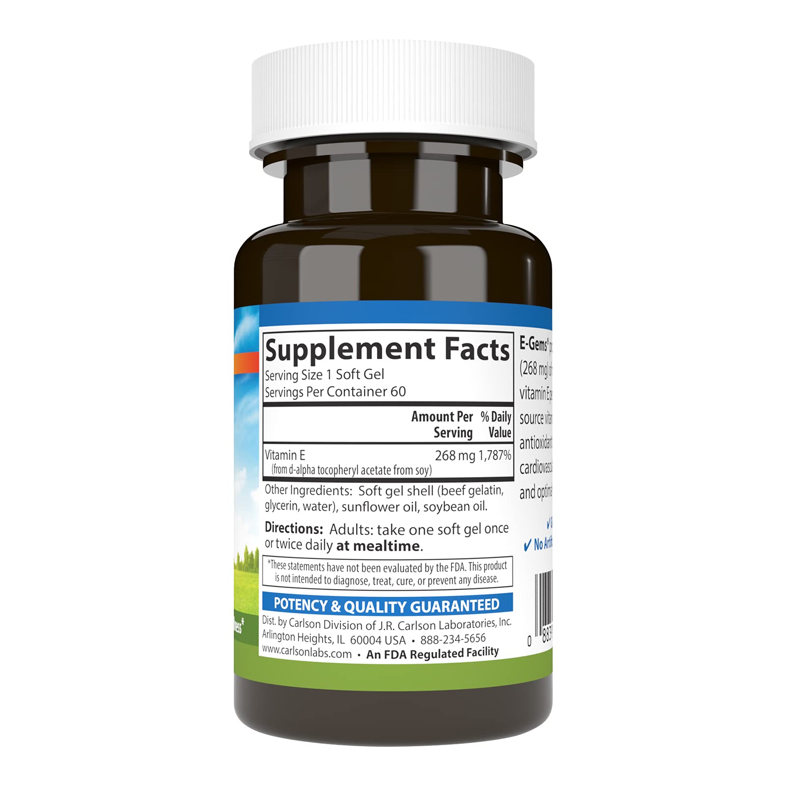 Carlson E-Gems perlas vitamina E 400 UI, fáciles de incorporar en la rutina diaria.