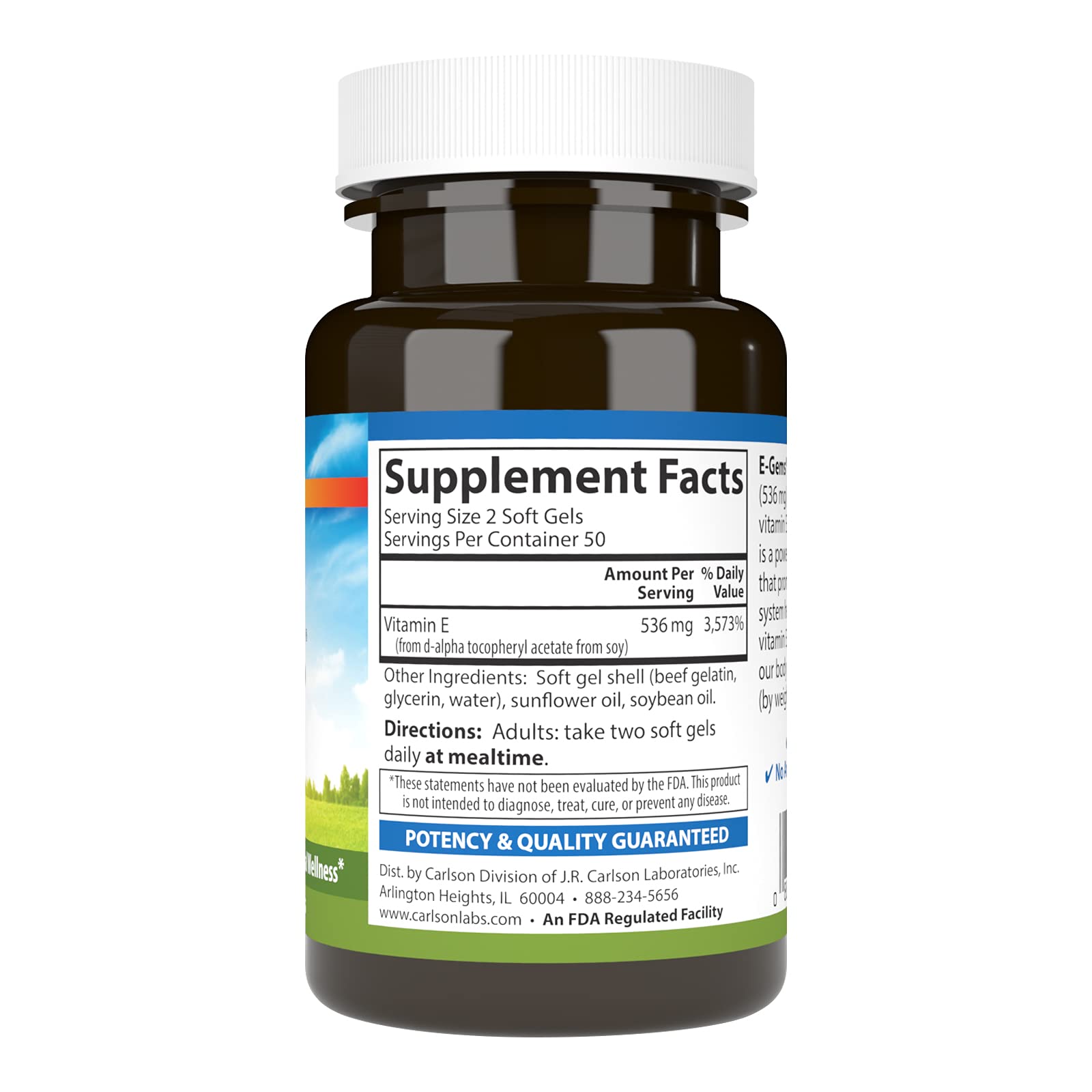 Carlson E-Gems, vitamina E natural de origen, etiqueta clara.