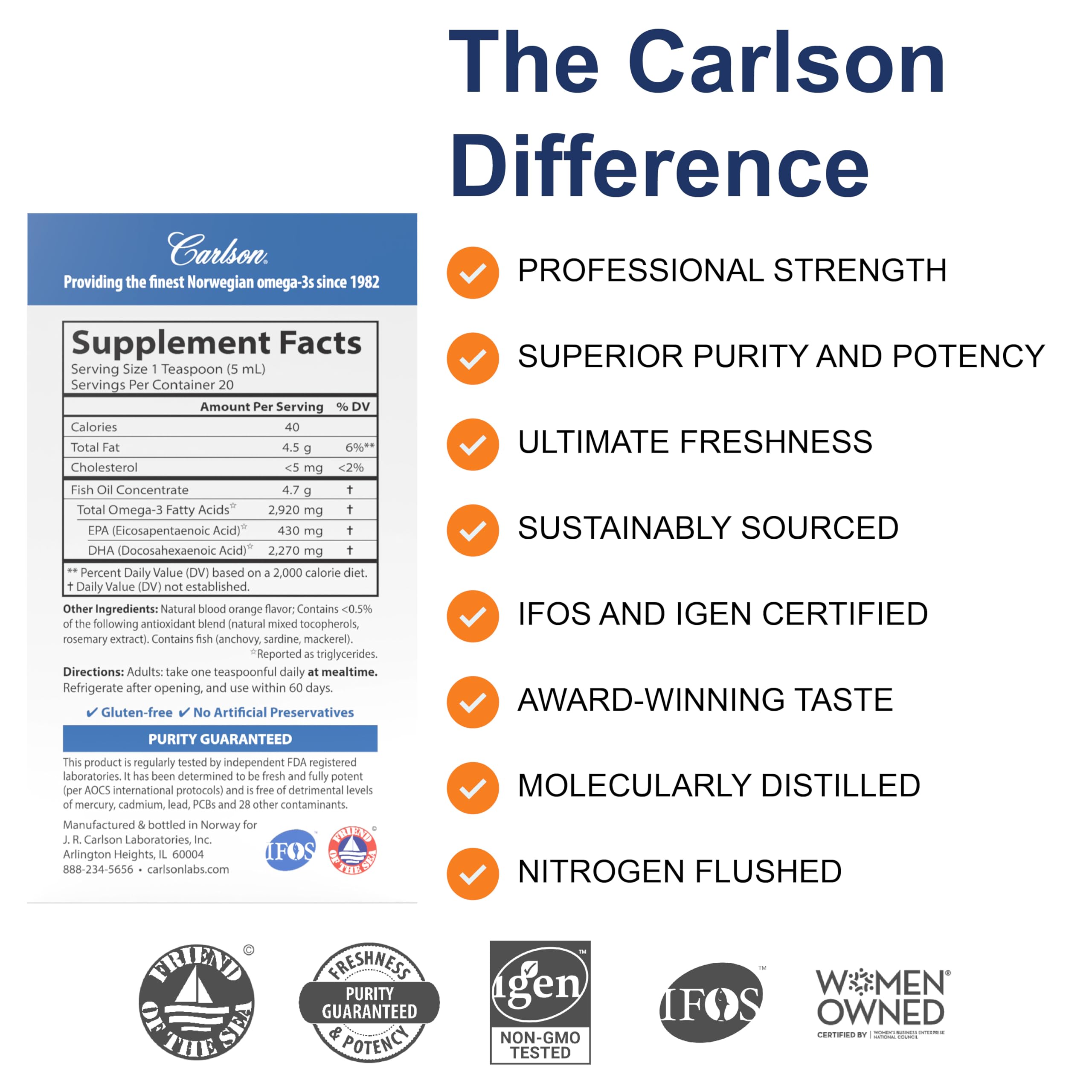 Carlson Elite DHA etiqueta noruega producto certificado para seguridad y trazabilidad