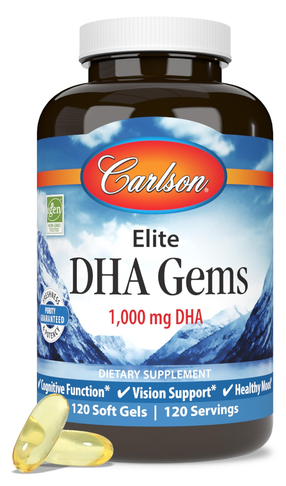 Carlson Elite DHA Gems, botella, DHA 1000 mg de origen salvaje para uso diario.