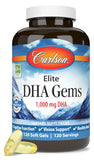 Carlson Elite DHA Gems, botella, DHA 1000 mg de origen salvaje para uso diario.