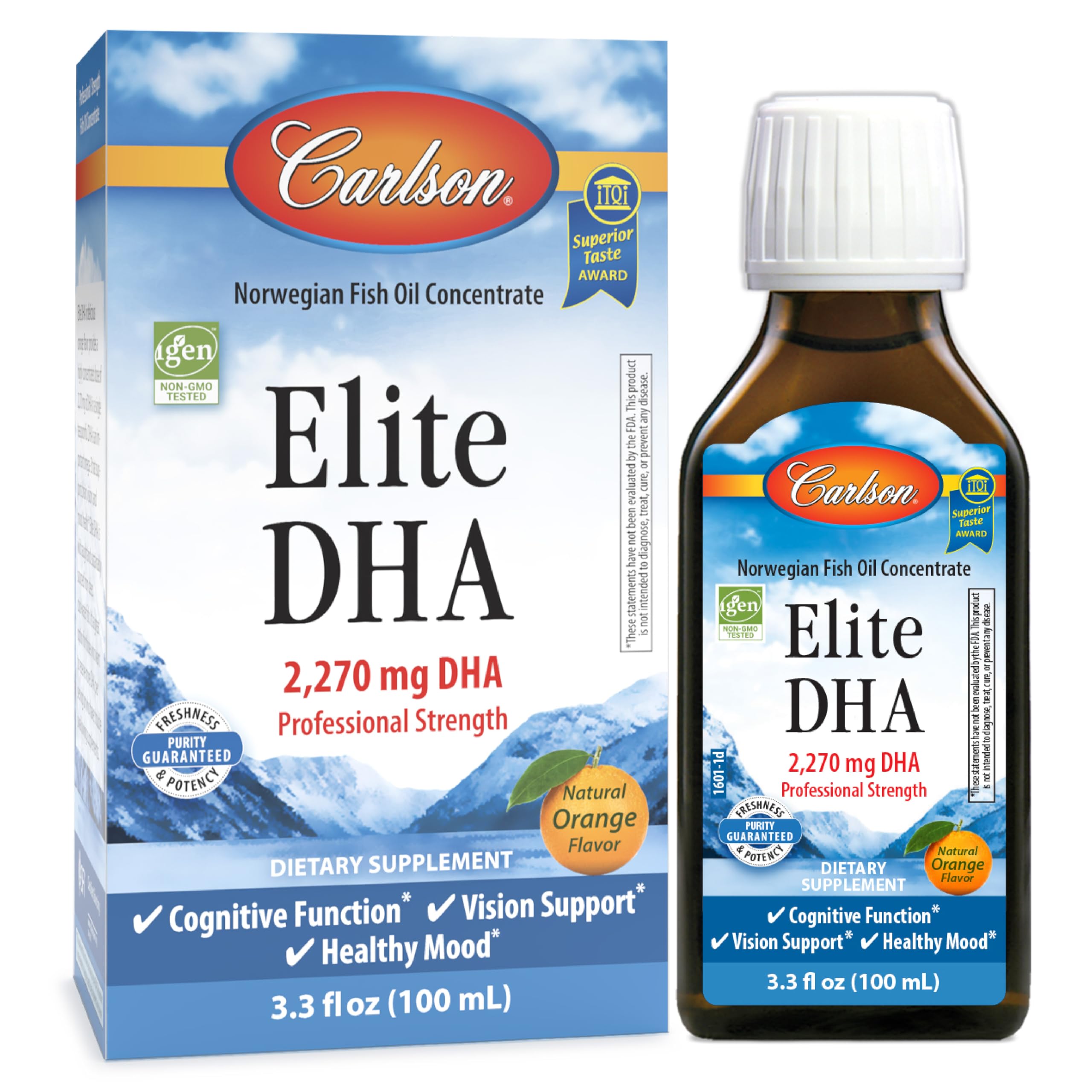 Carlson Elite DHA vertido en botella con sabor a naranja, cómodo para consumo diario