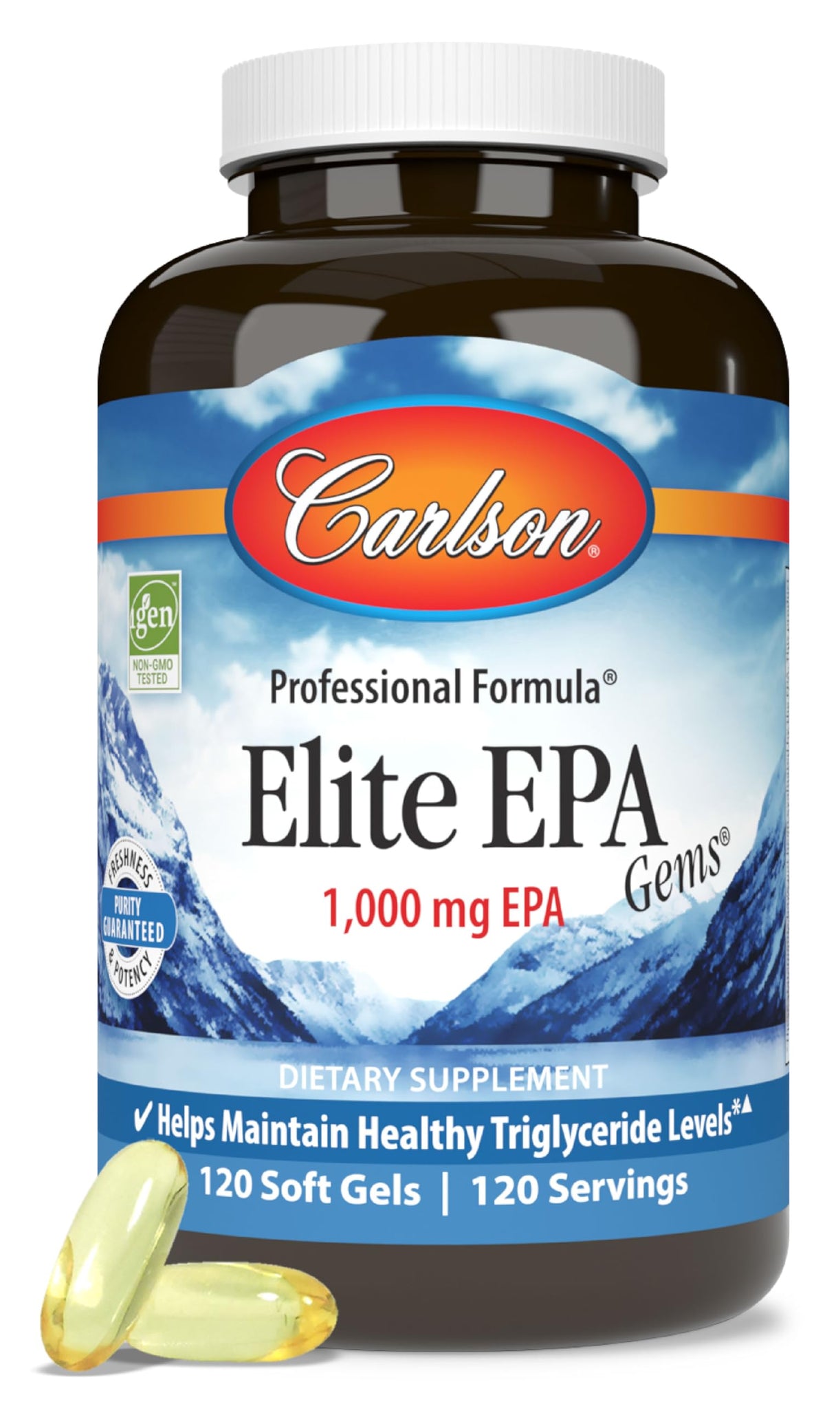 Carlson Elite EPA Gems, botella frontal, fácil de tomar diario con Omega-3.