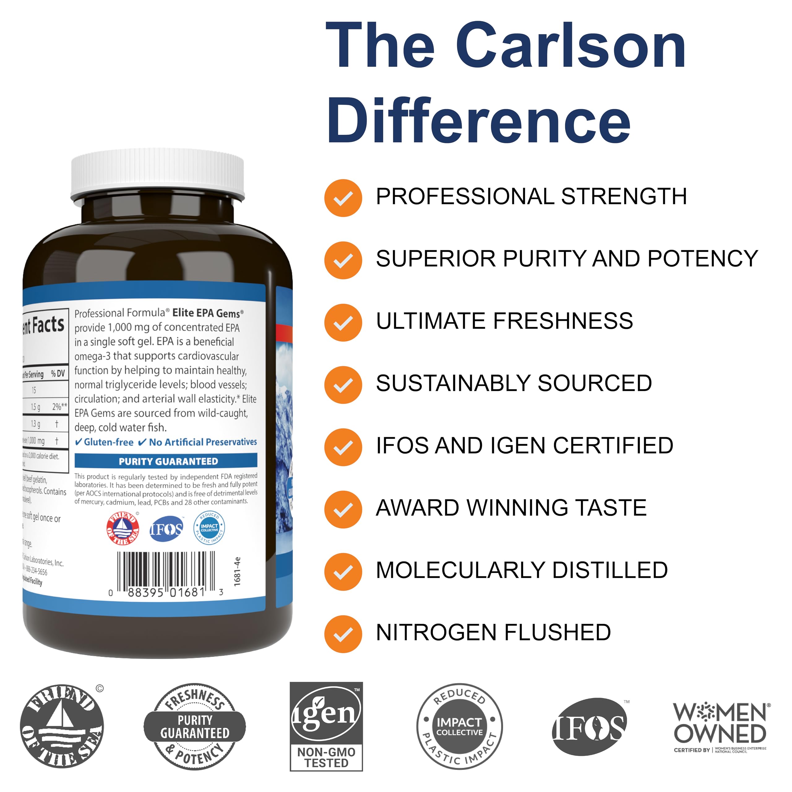 Carlson Elite EPA Gems, cápsulas blandas visibles, cada toma aporta EPA.