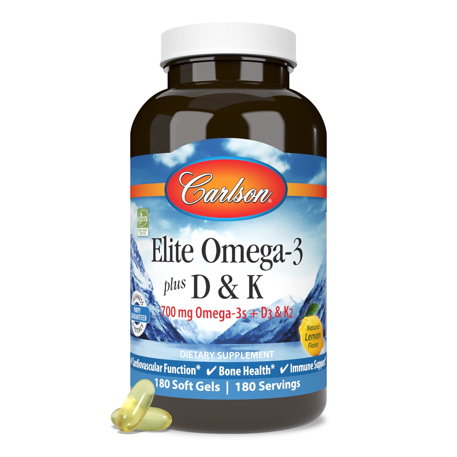 Carlson Elite Omega-3 D y K, botella en mesa, conveniente suplemento diario.