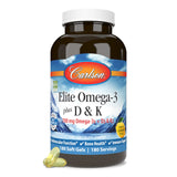 Carlson Elite Omega-3 D y K, botella en mesa, conveniente suplemento diario.
