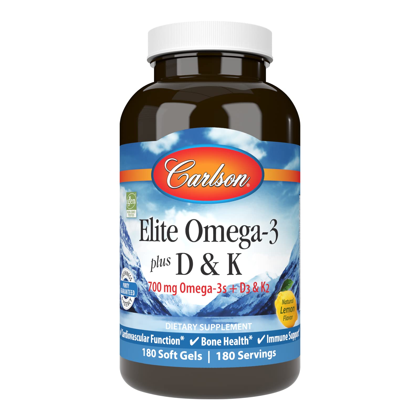 Carlson Elite Omega-3 D y K, botella de limón, apoya la salud ósea y función diaria.