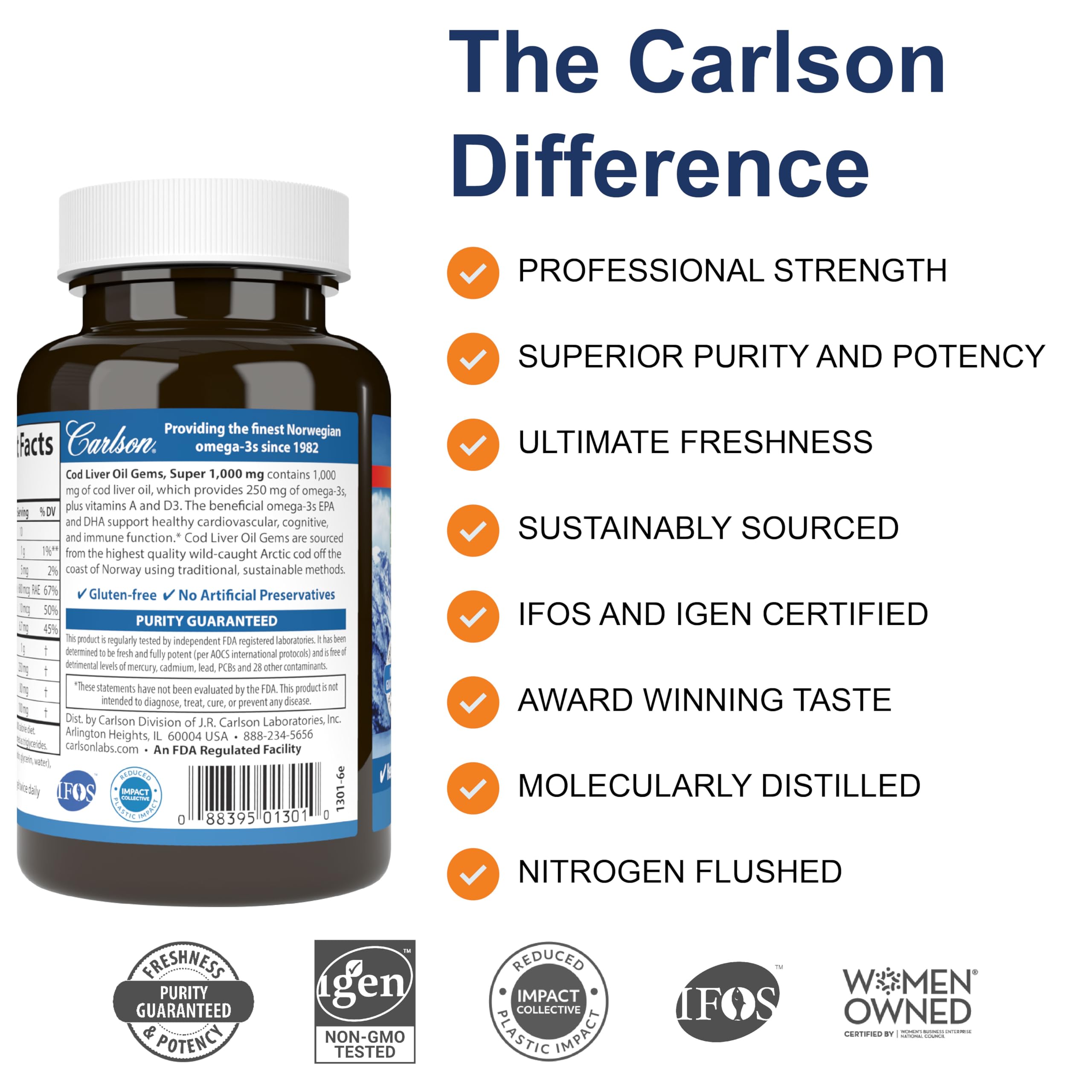Carlson envase con etiqueta legible, información clara sobre origen y beneficios.
